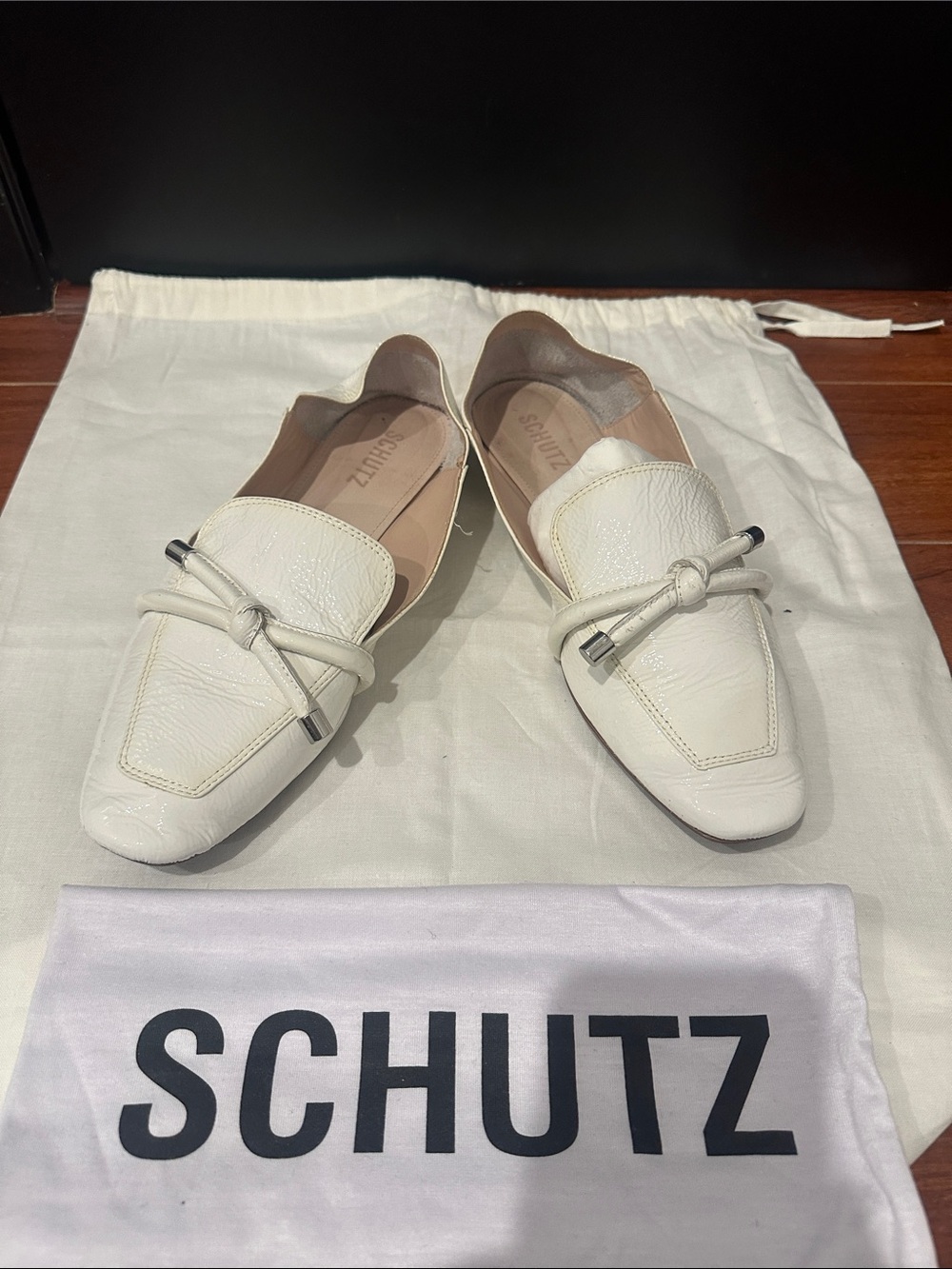 SCHUTZ White Patent Leather Loafers Flats Bow Silver Hardware